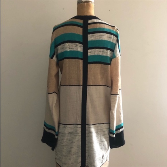 Free people] Linen Tan Black Jade Strips Maxi loose fit sweater kimono Duster - Picture 7 of 9